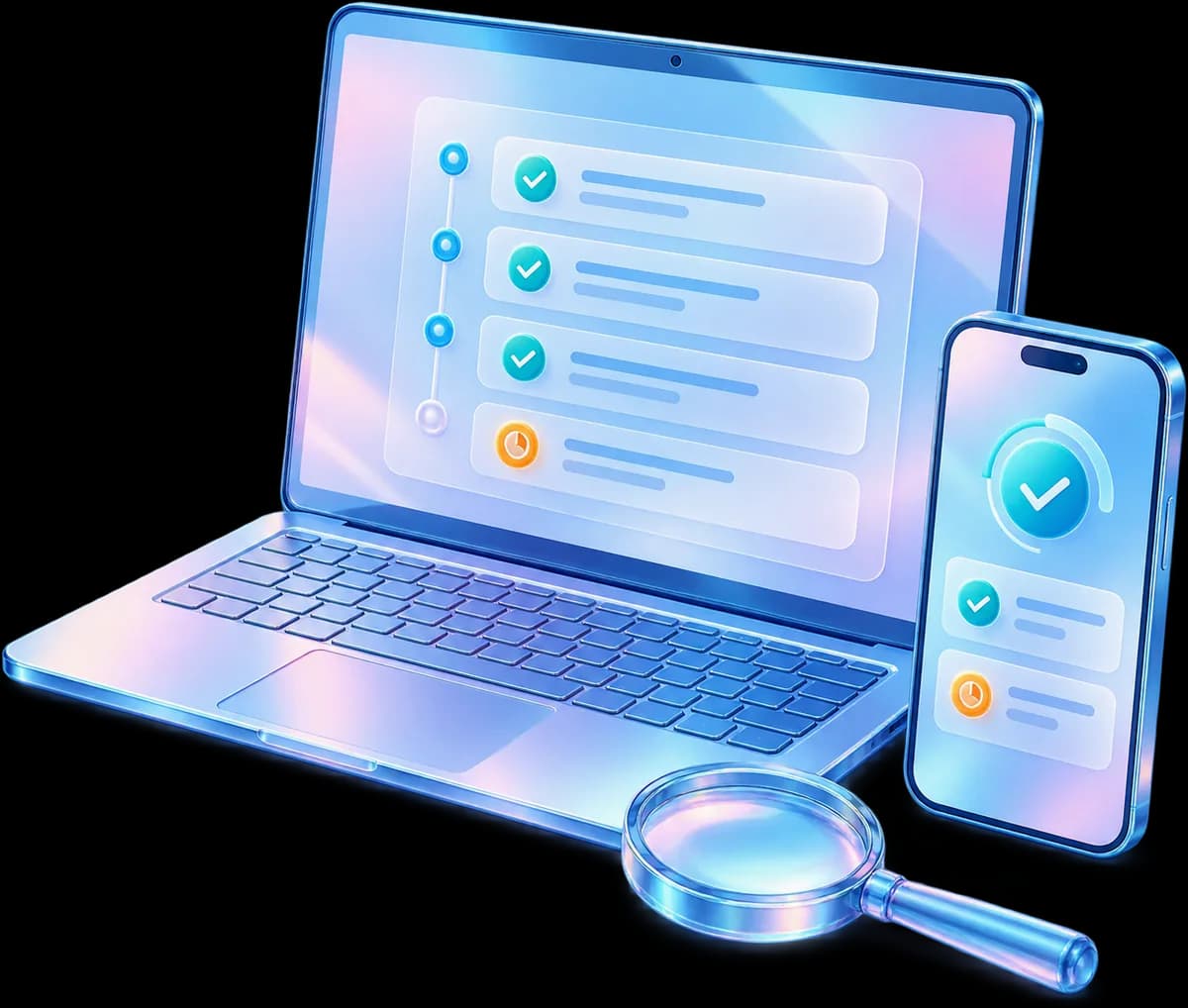 Laptop and phone showing passed test checks and a release check, with a magnifying glass